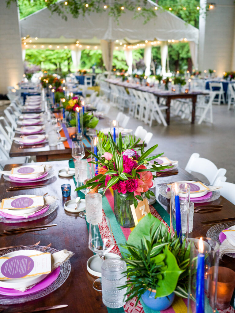 Bright florals by Hens and Chicks at The Gem on the Allegheny wedding venue.