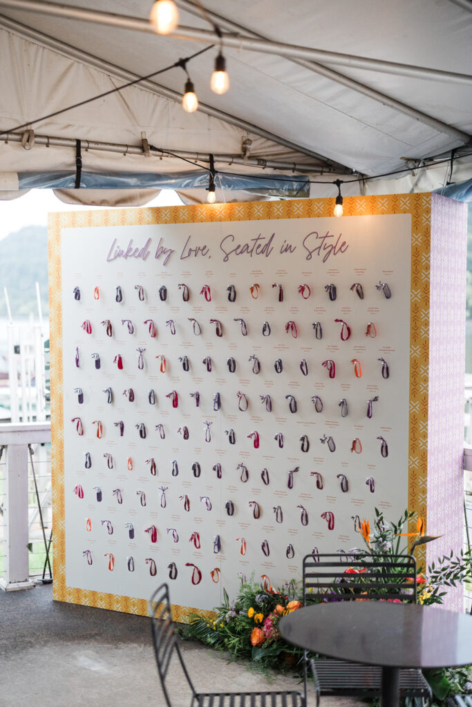 Linked by Love seating chart with handmade Guatemalan friendship bracelets supporting education projects.